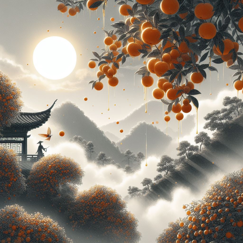 两岸荔枝红，万家烟雨中。