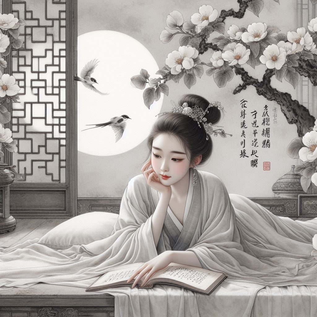 斜髻娇娥夜卧迟，梨花风静鸟栖枝。 Poster