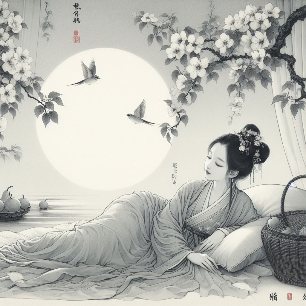 斜髻娇娥夜卧迟，梨花风静鸟栖枝。