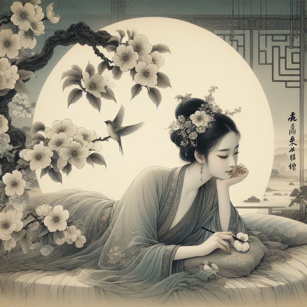 斜髻娇娥夜卧迟，梨花风静鸟栖枝。