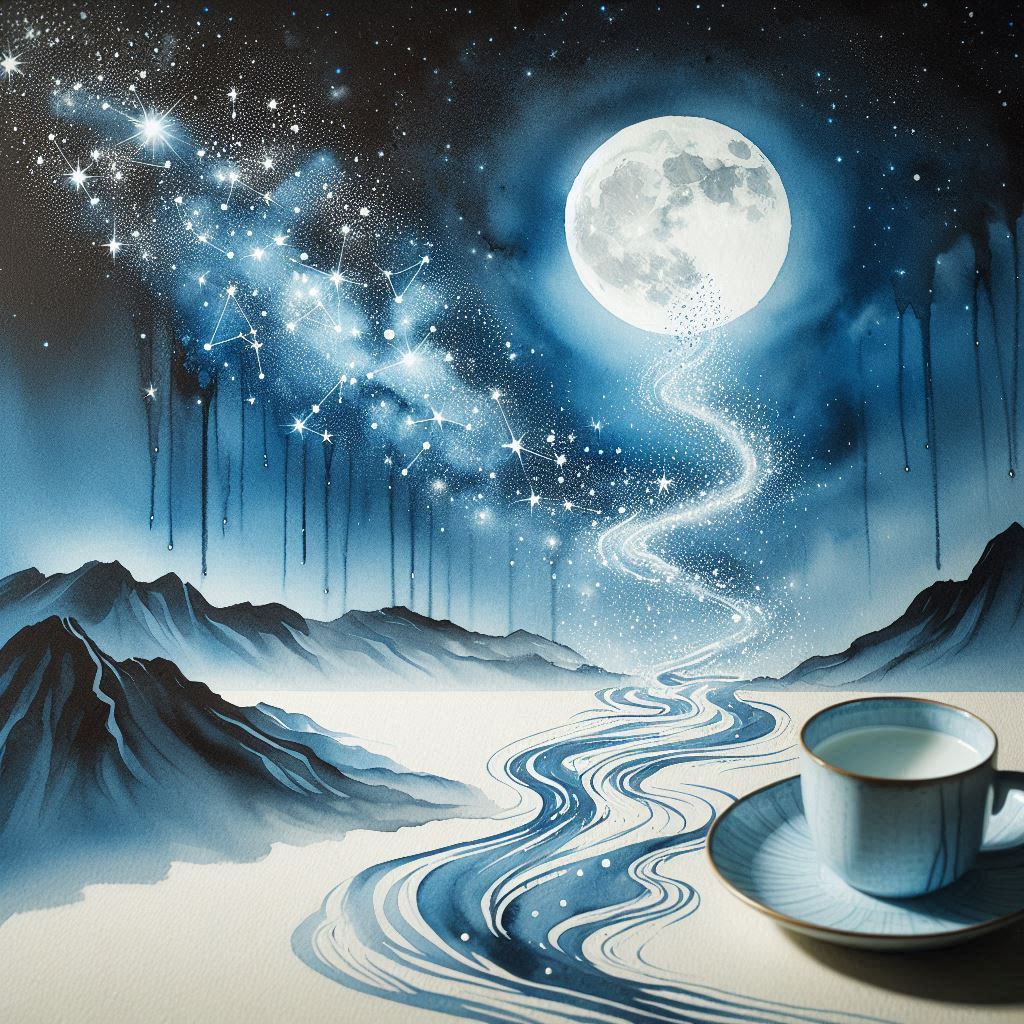 星点点，月团团。倒流河汉入杯盘。