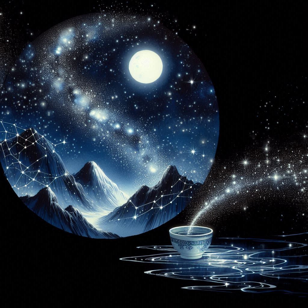 星点点，月团团。倒流河汉入杯盘。