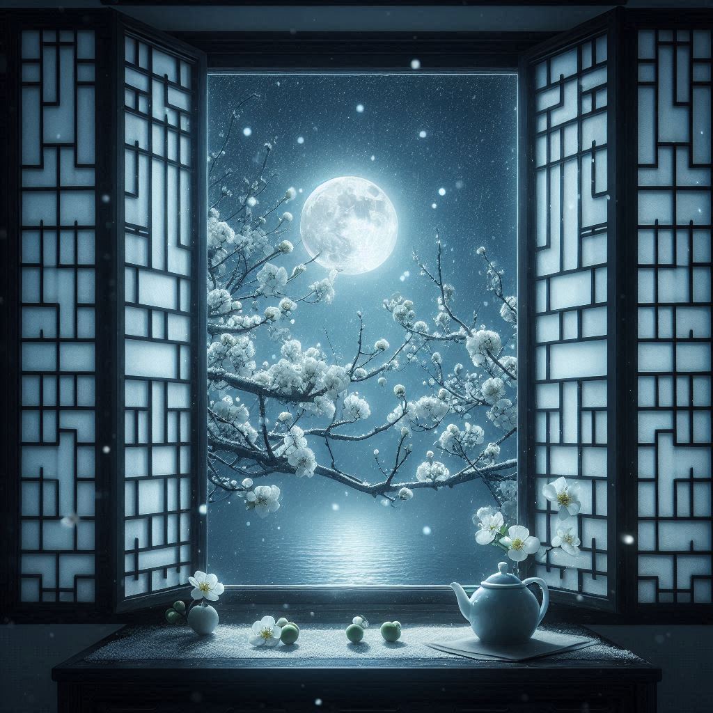 水晶帘外娟娟月，梨花枝上层层雪。