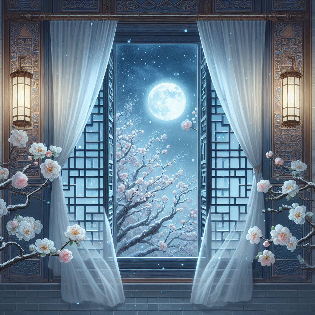 水晶帘外娟娟月，梨花枝上层层雪。