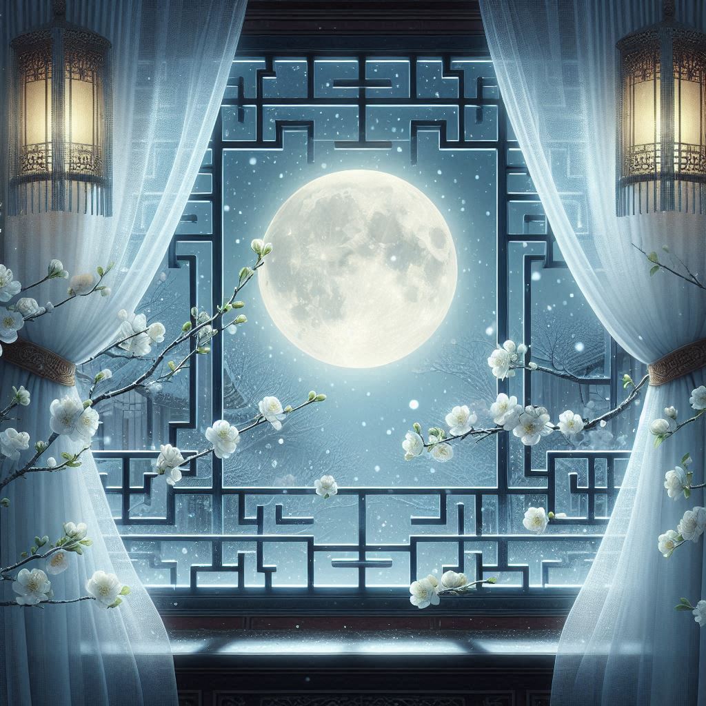 水晶帘外娟娟月，梨花枝上层层雪。